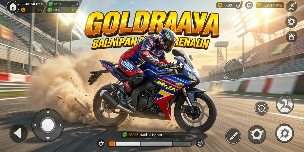 Screenshot gameplay GOLDRAJA menampilkan balapan motor yang cepat dan mendebarkan.