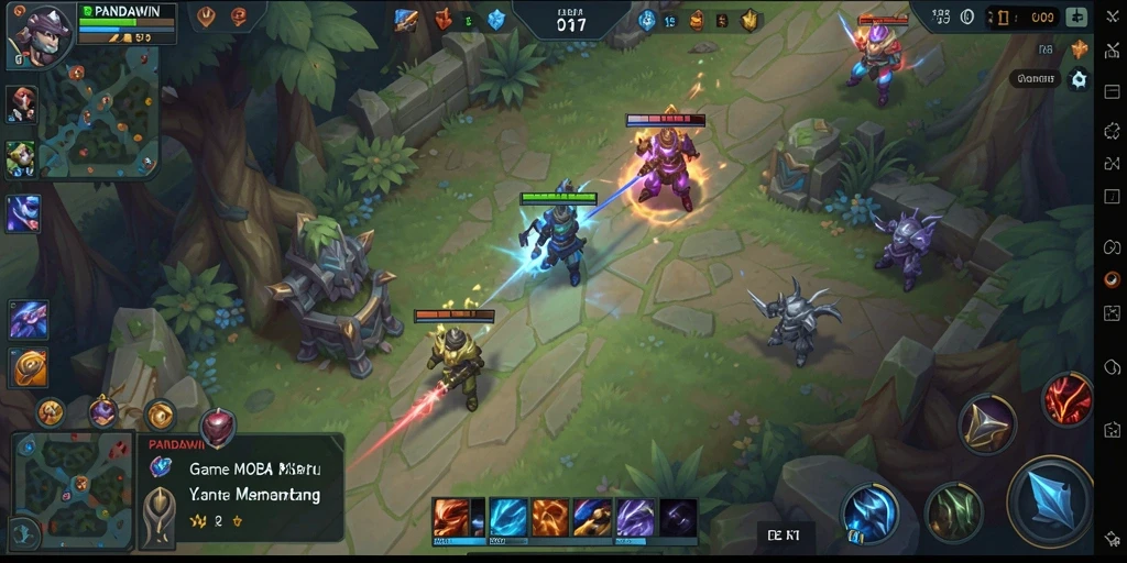 Tampilan aksi seru dalam permainan MOBA PANDAWIN.