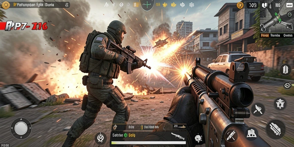 Screenshot gameplay PP7 menampilkan aksi seru di medan pertempuran TPS.